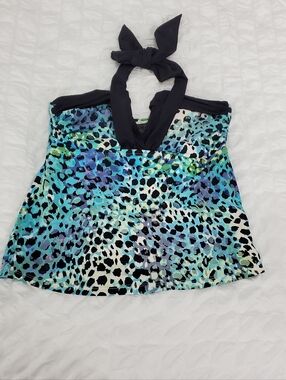 Island Escape Blue Teal Animal Print Halter Tankini Swim Top Sz 8